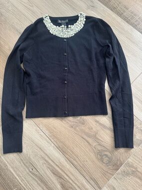 INC - Embellished Pearl Collar Black Cardigan
